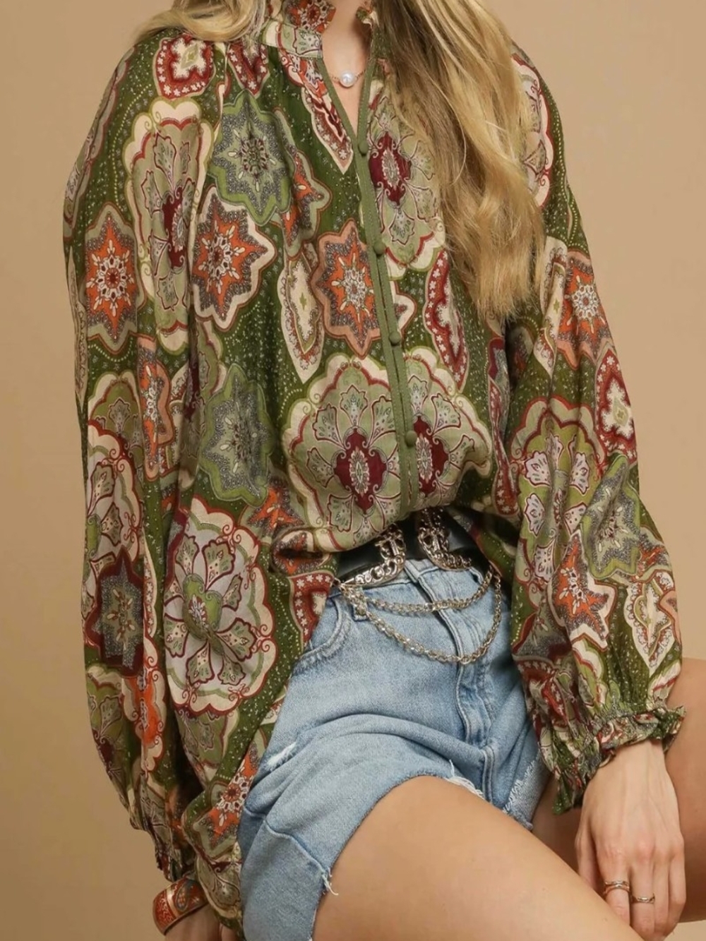 Umgee Olive Multi Paisley-Print Button Blouse Medium Fit